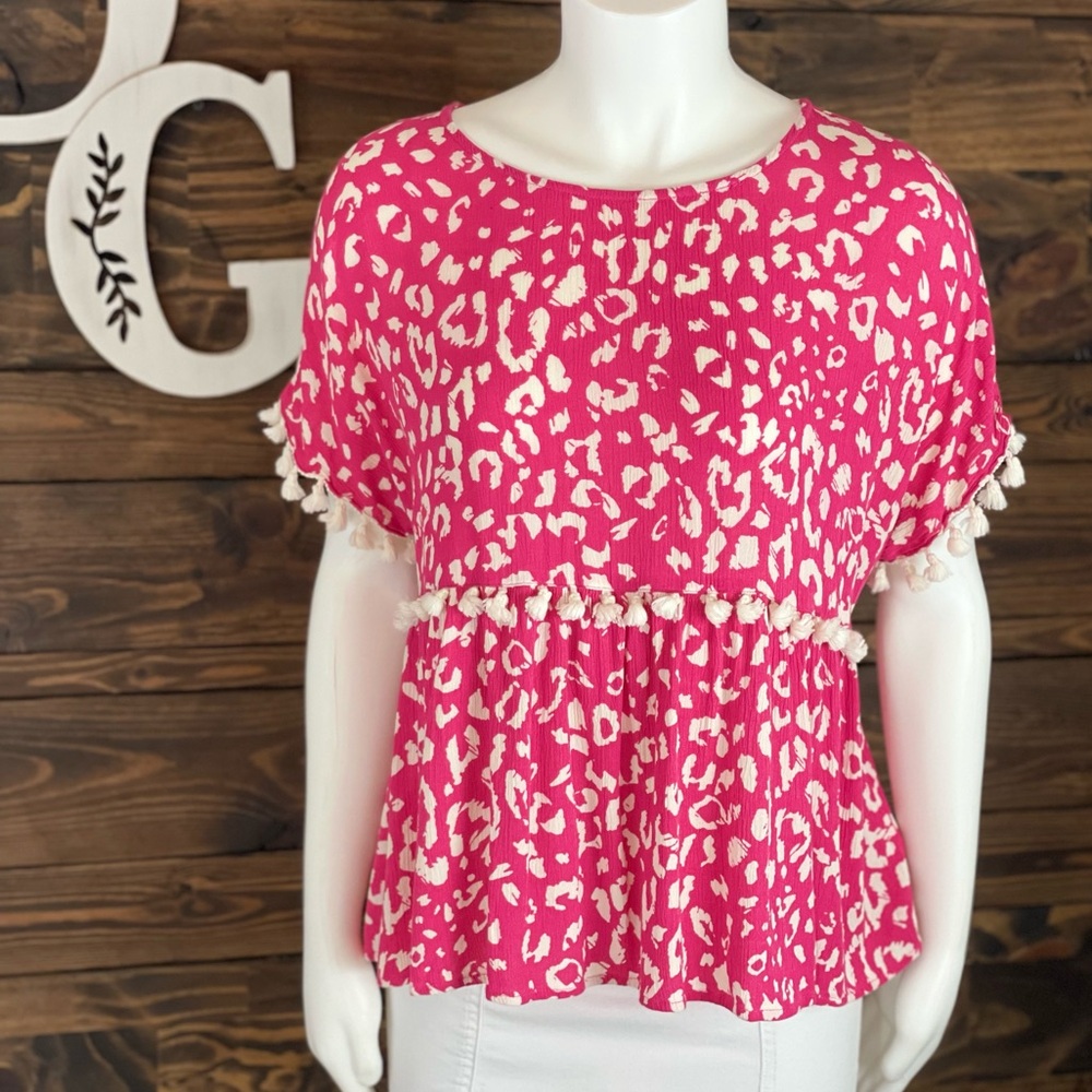 Andree by Unit | Cheetah Leopard Swing‎ Babydoll Top Tassel Trim Animal Print